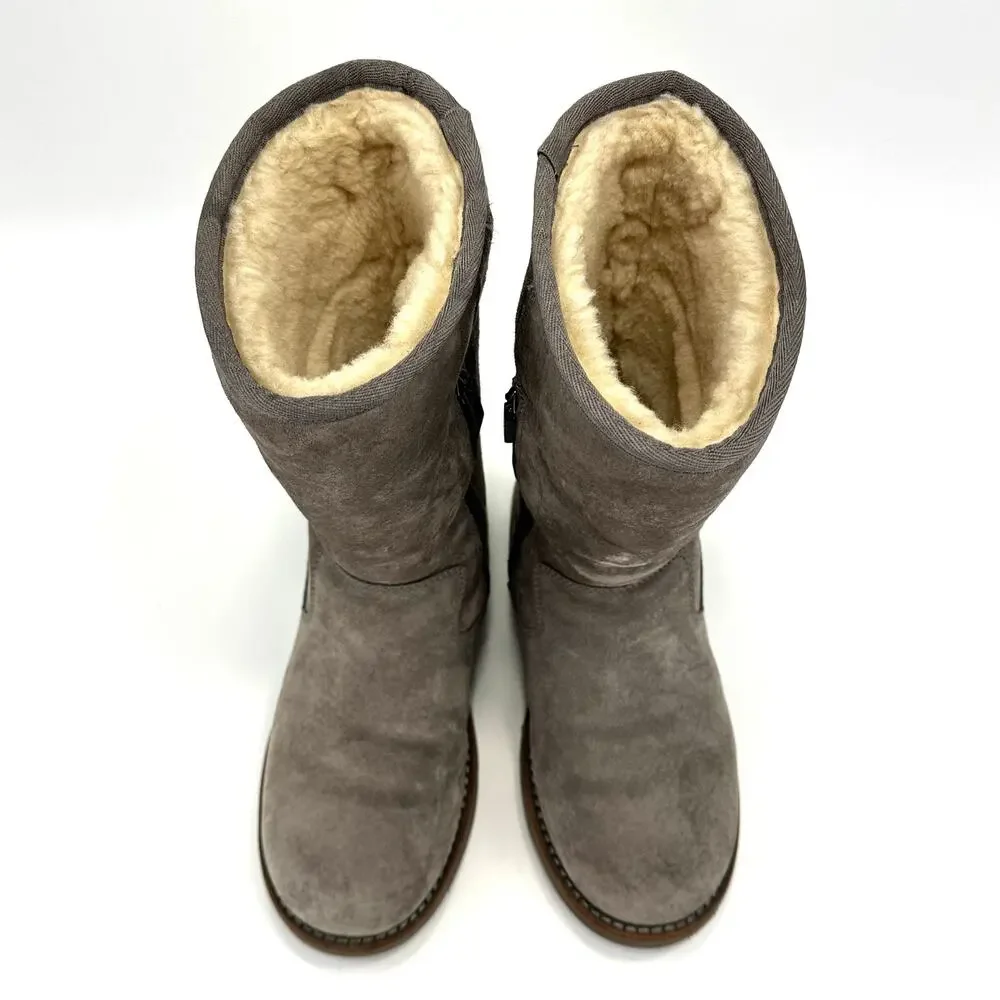UGG Australia Gray Short Winter Boot Sz 6 Suede Wool Cold Weather Flat Mid-Calf
